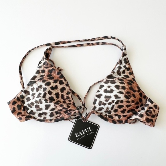 ZAFUL Womens Animal Print Cheetah V Wired Low Cut Strappy Bikini Top Size S - Picture 1 of 7